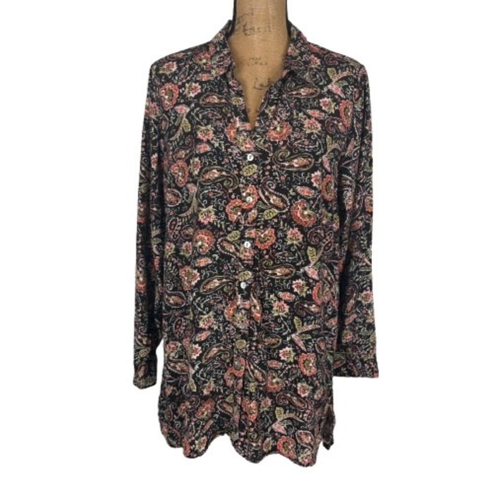 J. Jill Chocolate Brown Paisley Floral Button Down Tunic Shirt Medium Petite